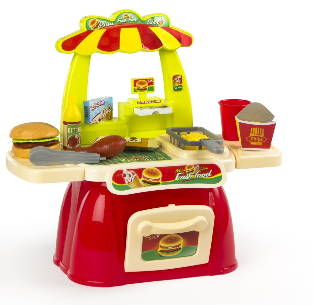 Jucărie fast food cu burgeri, casă de marcat și accesorii