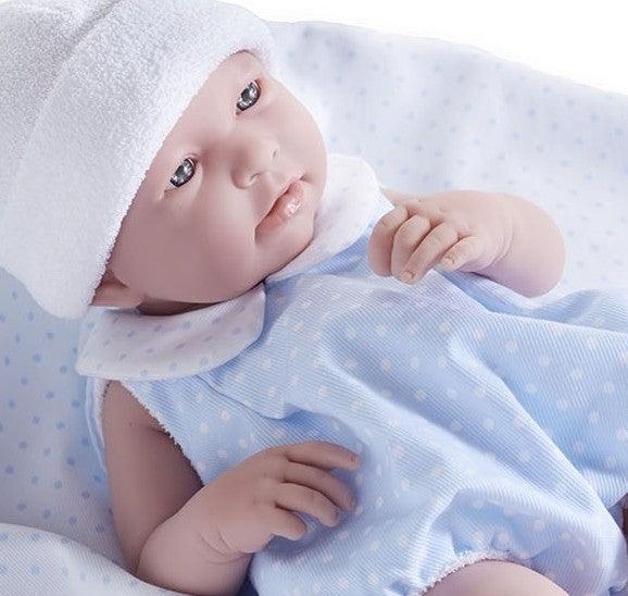 Papusa Bebe baiat 43 cm costum vara bleu si paturica - Nitzi.ro