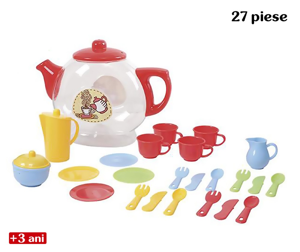 Jucărie de rol pentru copii – ceainic, cești și tacâmuri din plastic