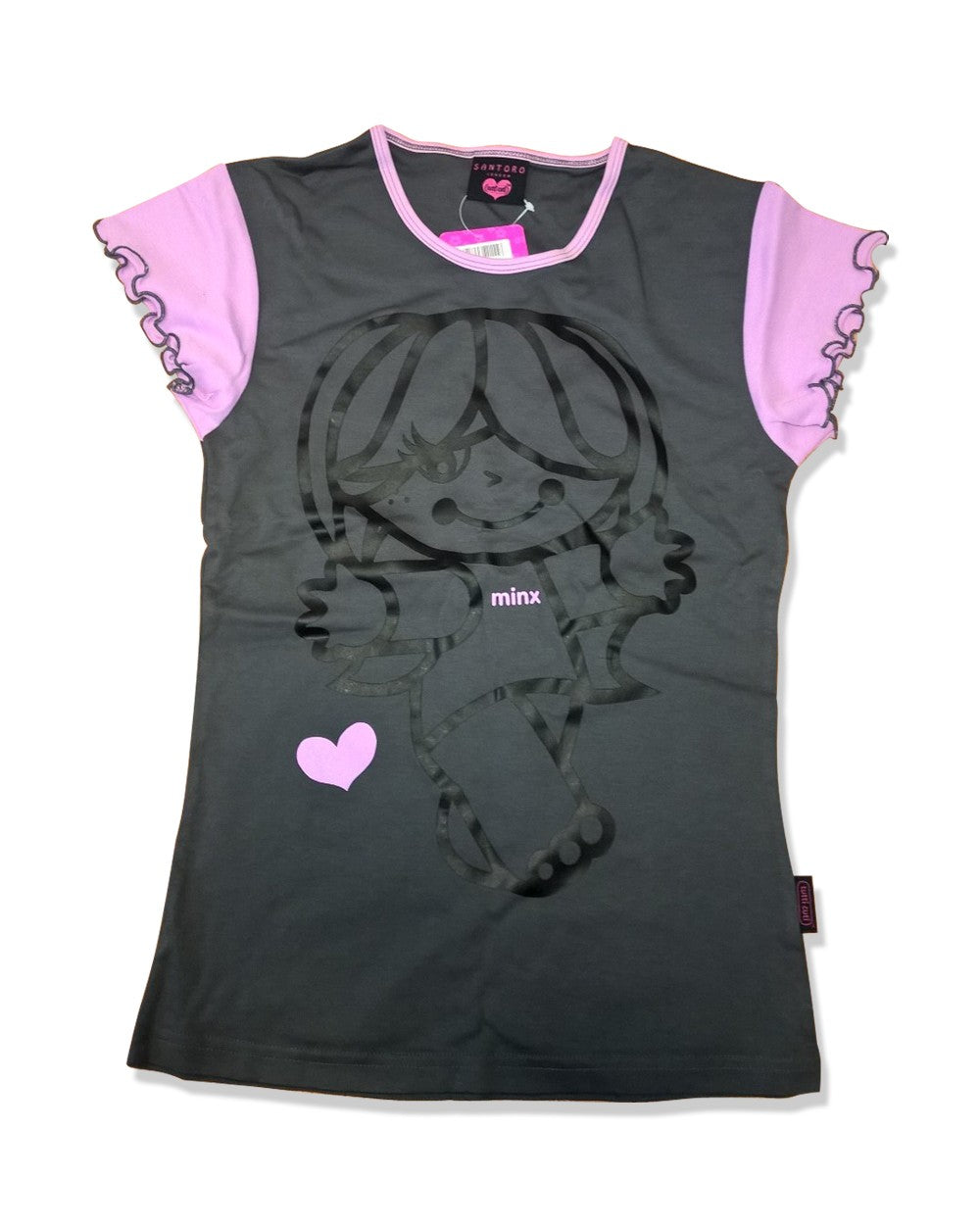 tricou gri inchis cu manecute roz dantelate pentru fete 8-14 ani