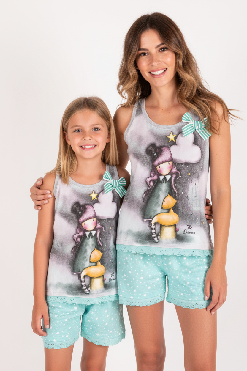 Descoperă pijamaua Gorjuss The Dreamer, un set adorabil de vară cu maiou și pantaloni scurți, perfect pentru fetițele care iubesc personajele Gorjuss