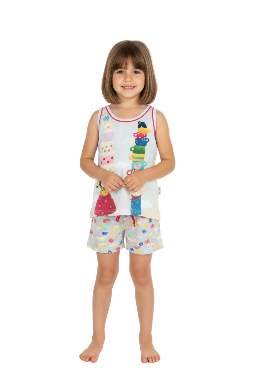 Pijama copii cu maiou Kori Kumi Tea Party, scurta