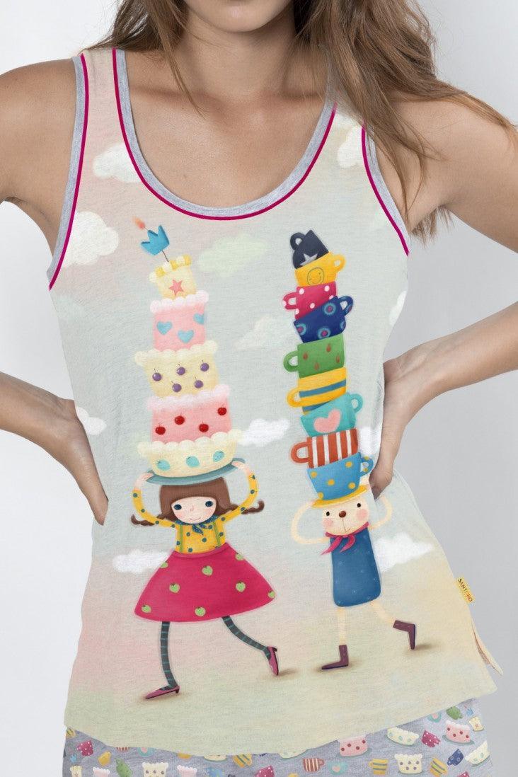 Pijama dama cu maiou Kori Kumi Tea Party, scurte - Nitzi.ro