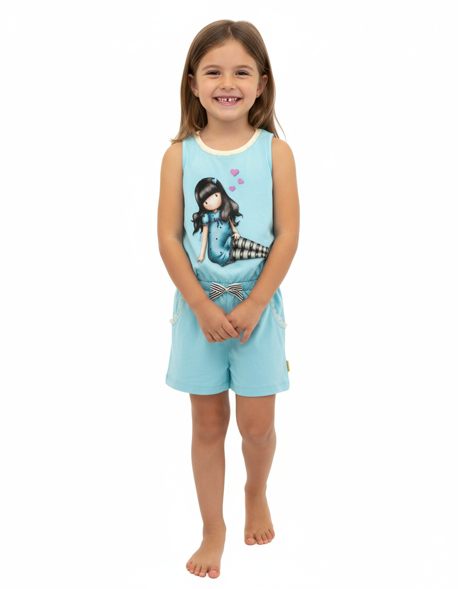 salopetă fete Gorjuss Sitting Pretty albastră din bumbac, usoara, lejera si usor de spălat