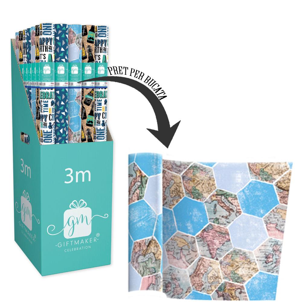 Hârtie de împachetat masculină 3 m-Model 3– design hexagonal cu printuri de hartă și tonuri elegante de bleu