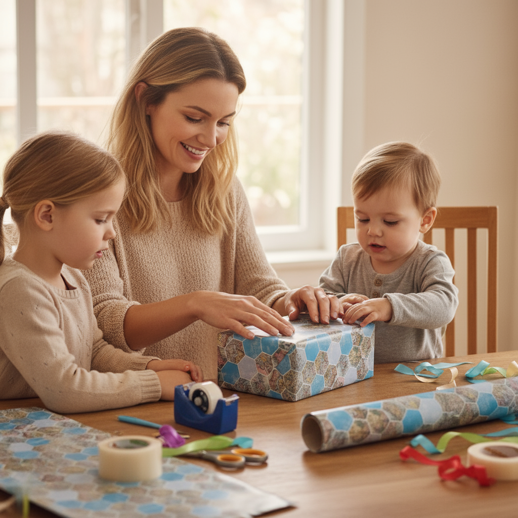 Hârtie de împachetat pentru baieti 3 m-Modelul 1 are un design hexagonal cu printuri de hartă și tonuri elegante de bleu