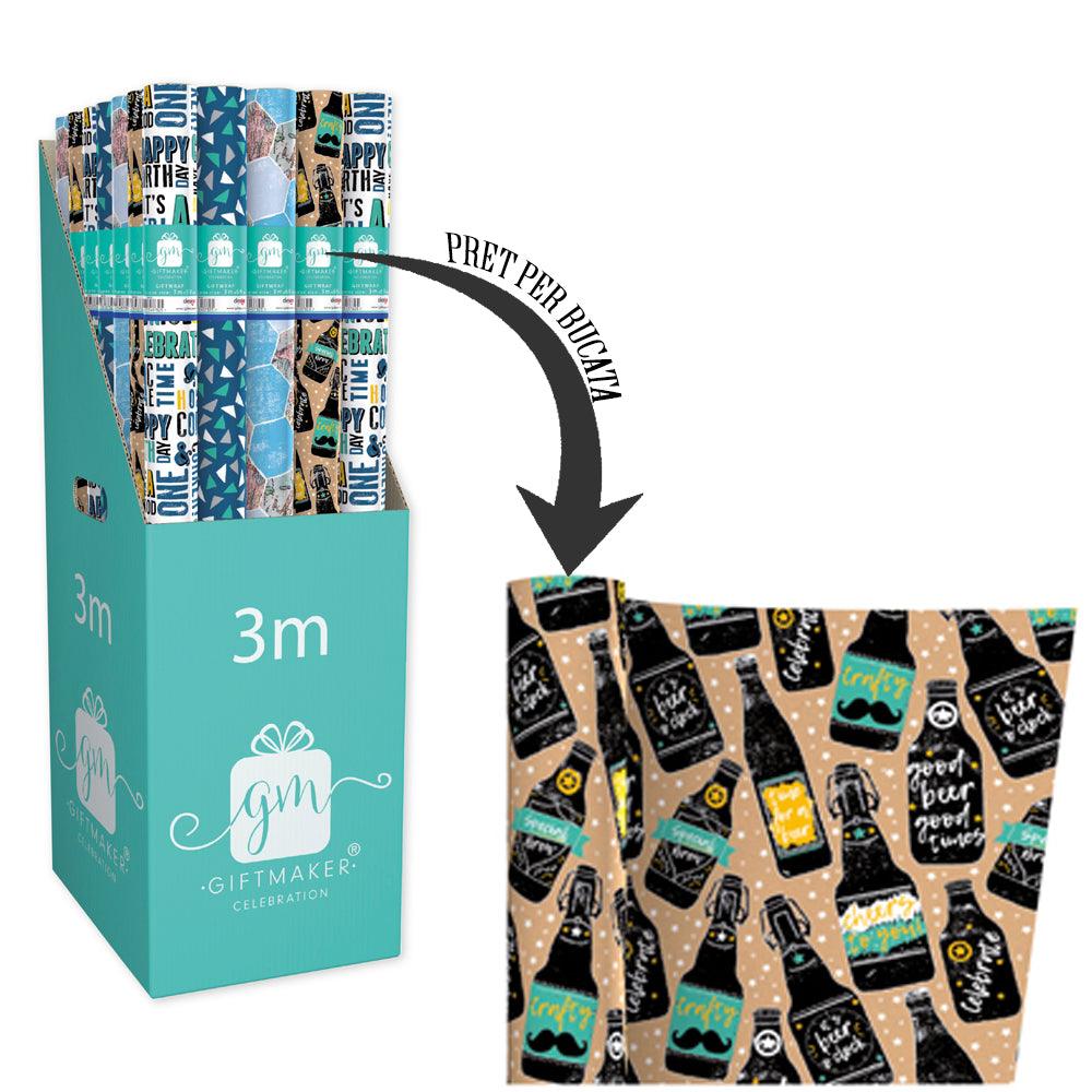 Hârtie de împachetat masculină 3 m-Model 2 sticle de bere stilizate pe fundal kraft, potrivit pentru pasionați