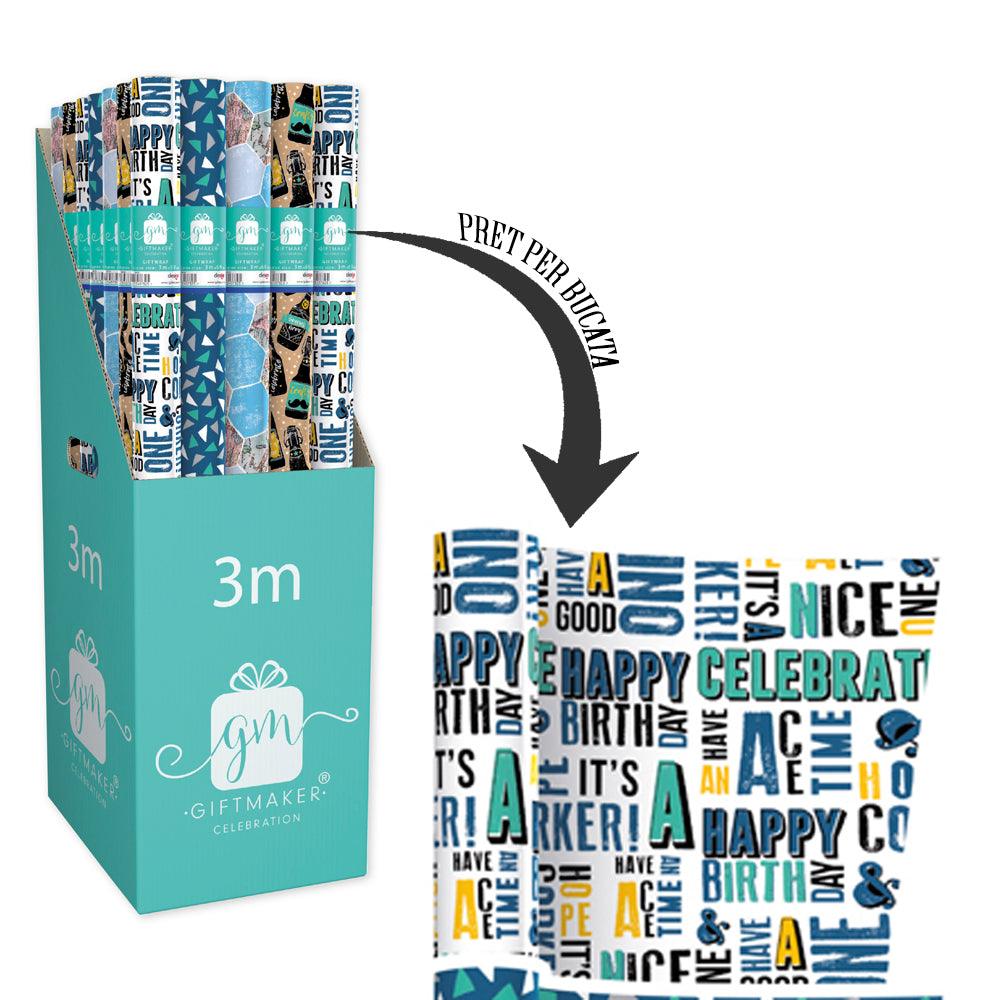 Hârtie de împachetat masculină 3 m-Model 1 scris colorat, urban, cu mesaje aniversare pe fond alb