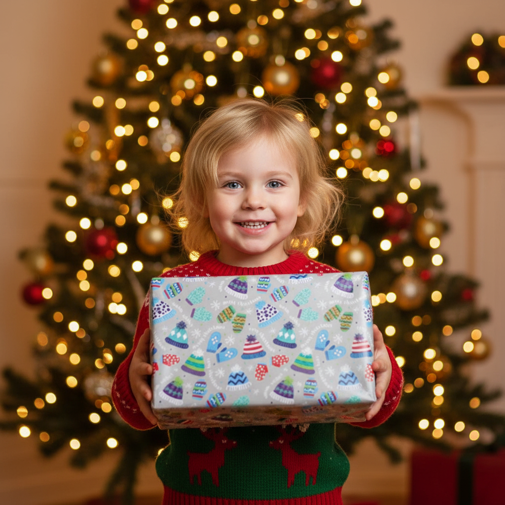 Hârtie de împachetat de 5 m, păstrează misterul sărbătorilor, hartie gri cu caciulite de iarnă