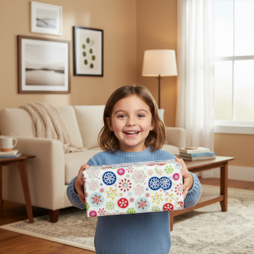 Hârtie de împachetat de 5 m, păstrează misterul sărbătorilor, hartie alva cu fulgi de nea colorați