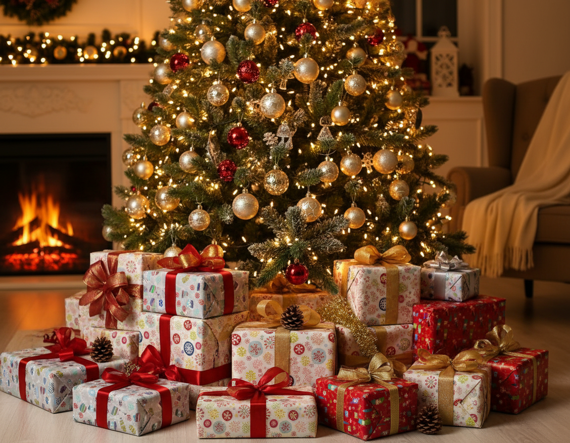 brad de Craciun cu multe cadouri impachetate cu hartia nostră