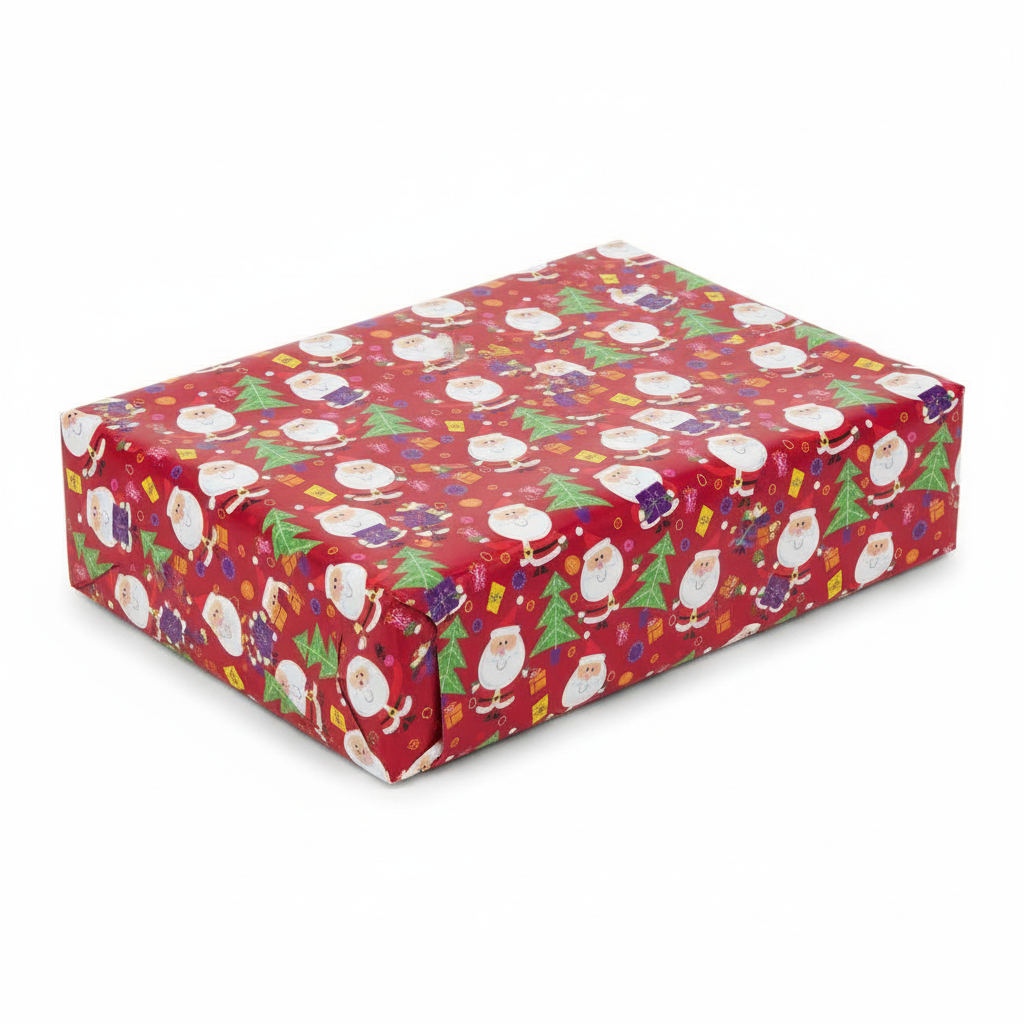 Hârtie de Împachetat Crăciun culoare rosie cu Mos Craciun si brăduți