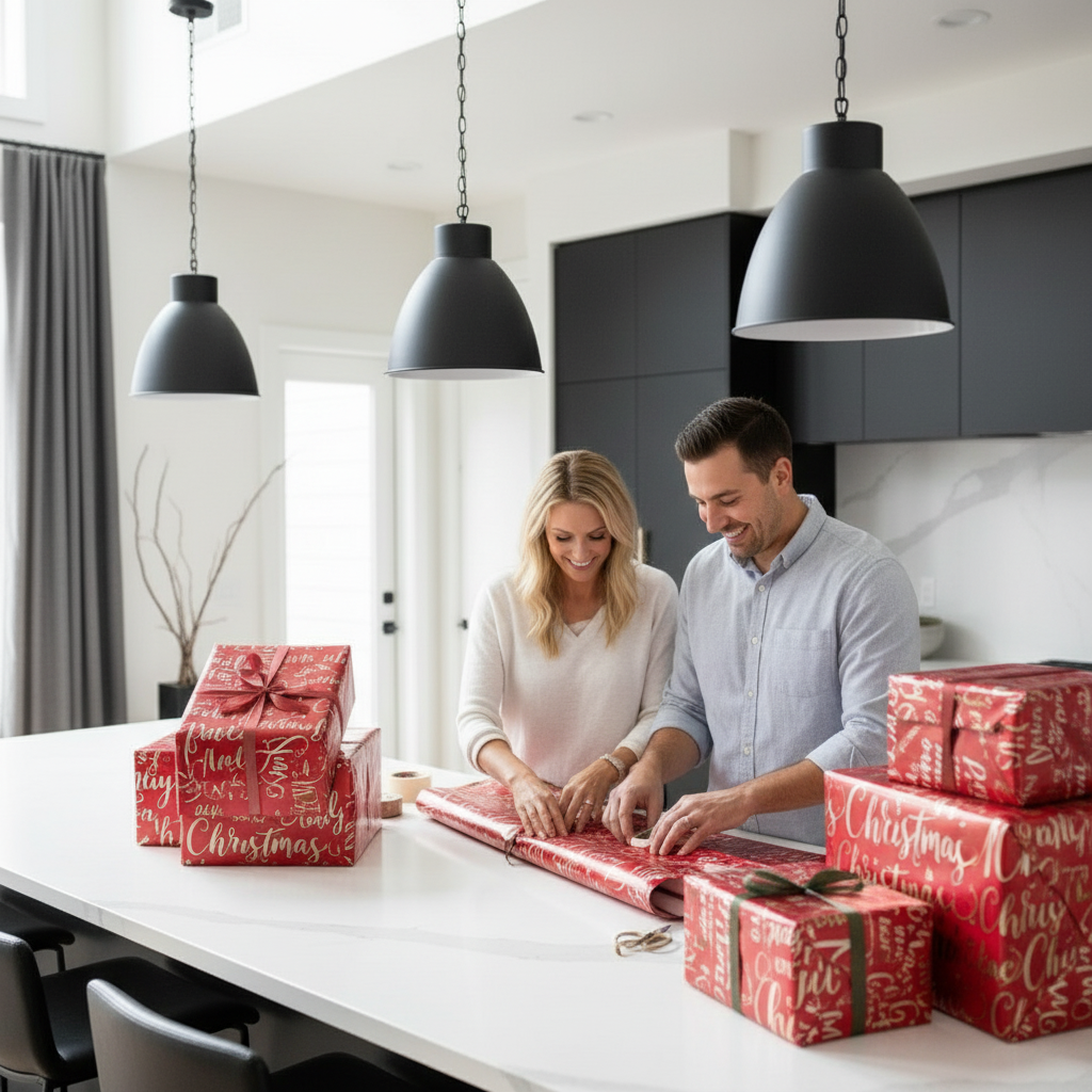 Hartie de impachetat modele de iarna de 5 m lungime, Model 2 – fond roșu cu scris caligrafic elegant, tematic de sărbători