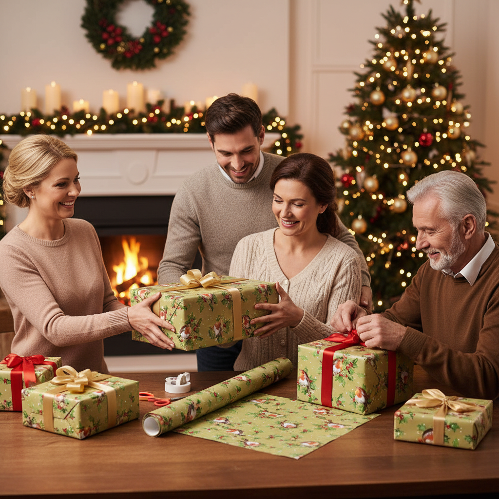 XAJGW100 Hartie de impachetat modele de iarna de 5 m lungime, Model 1 – vrăbiuță de Crăciun printre crenguțe de ilex