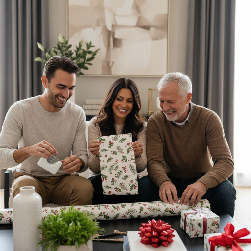 XAJGW100 Hartie de impachetat modele de iarna de 5 m lungime, Model 3 – fond crem cu crenguțe de brad, ilex și conuri