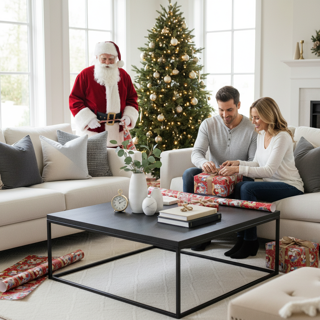 Hartie de impachetat de iarna de 5 m lungime, Model 4 – imagini clasice cu Moș Crăciun pe fundal roșu