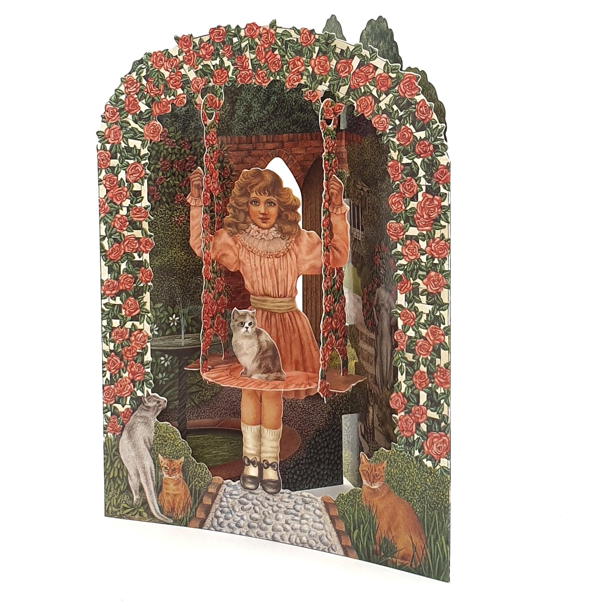 Felicitare 3D Swing Cards - Fetita si pisica in balansoar - Nitzi.ro
