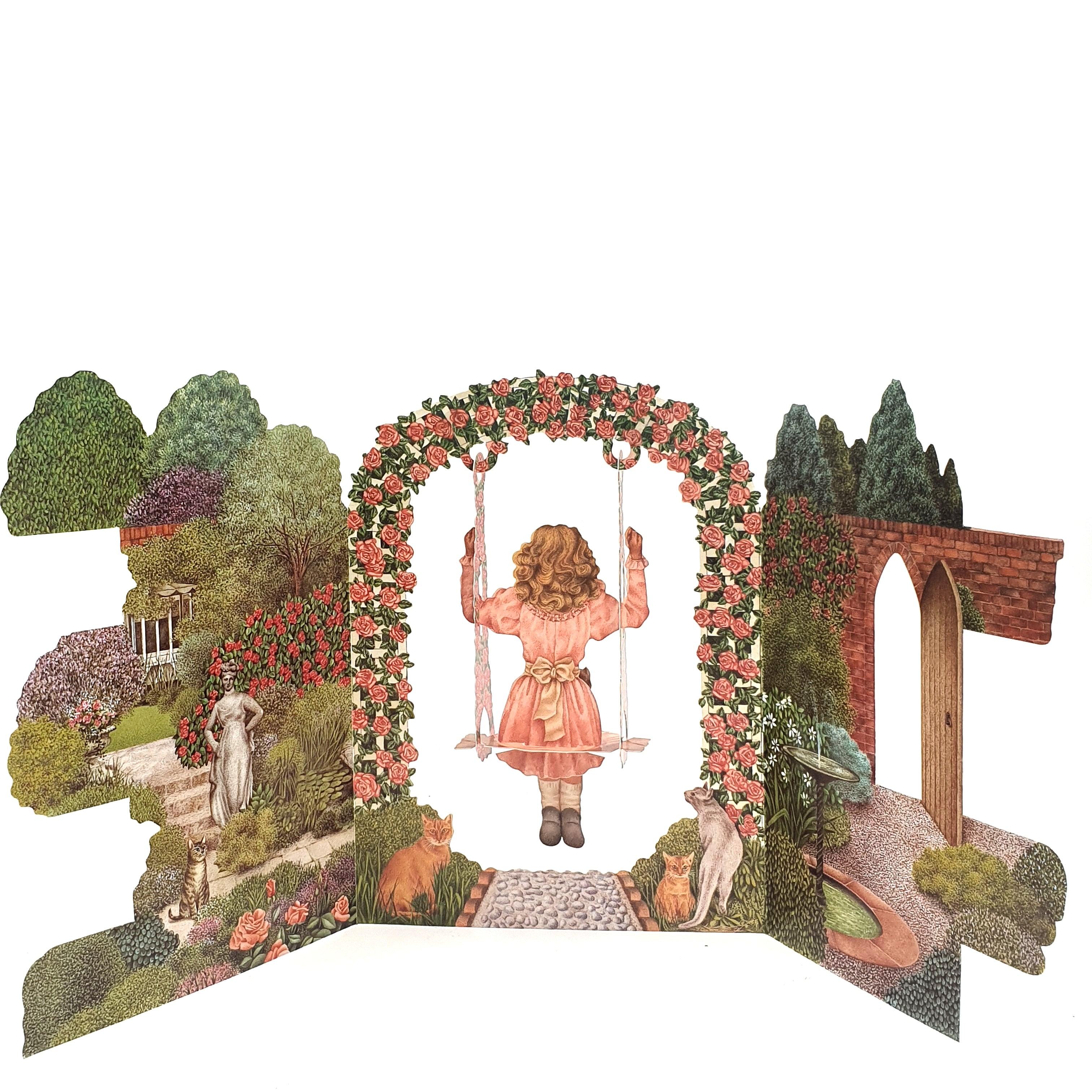 Felicitare 3D Swing Cards - Fetita si pisica in balansoar - Nitzi.ro