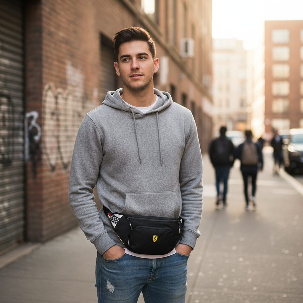 Borsetă talie Ferrari neagră pentru bărbați – Stil sportiv și pasiune pentru performanță