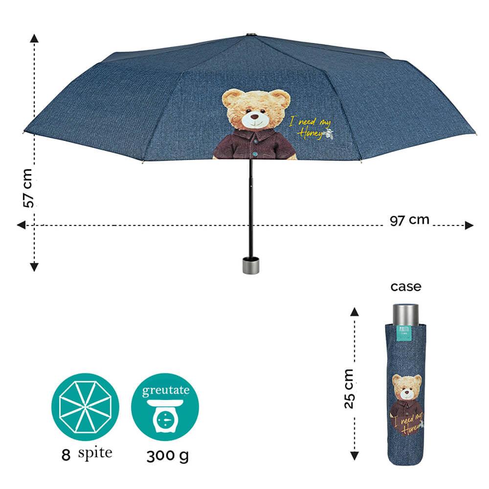Mini Umbrela ploaie pliabila model denim Teddy Bear - Nitzi.ro