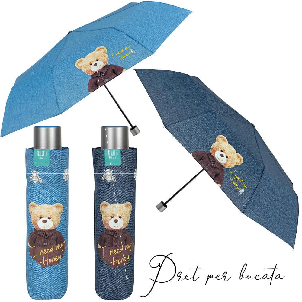 Mini Umbrela ploaie pliabila model denim Teddy Bear - Nitzi.ro