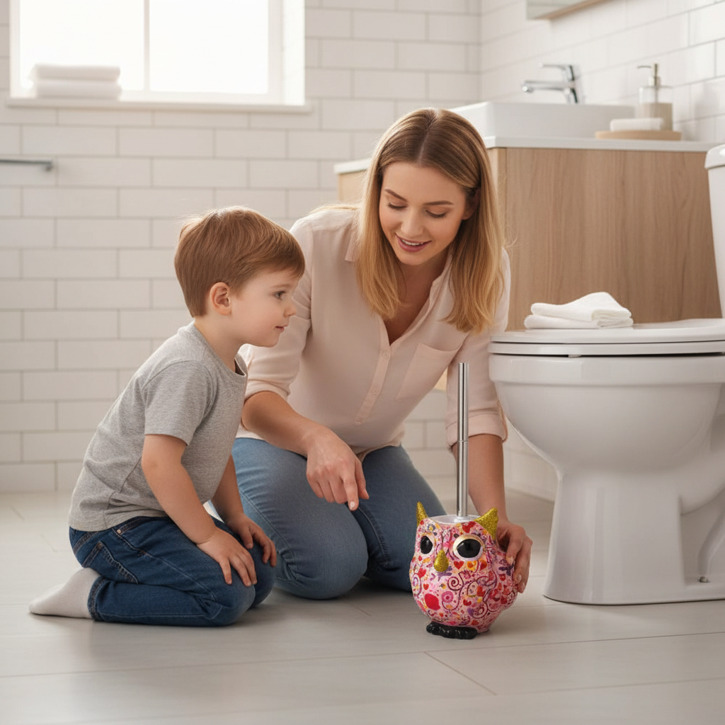 Suport ceramic, in forma de bufnita, pentru peria de curatat wc ul