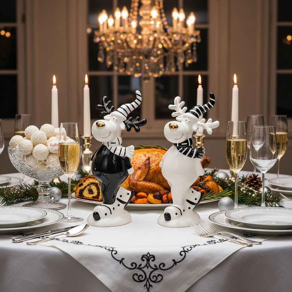 Ren cu patine, statueta decorativa de iarna, din porțelan, pentru masa festiva de sărbători