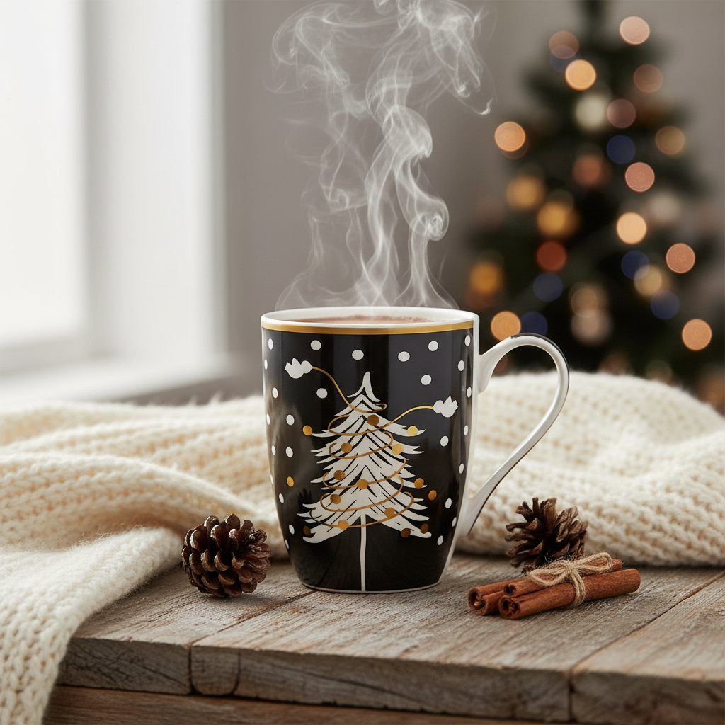 Cana portelan cu model de iarna-neagra cu bradut alb si fulgi de nea