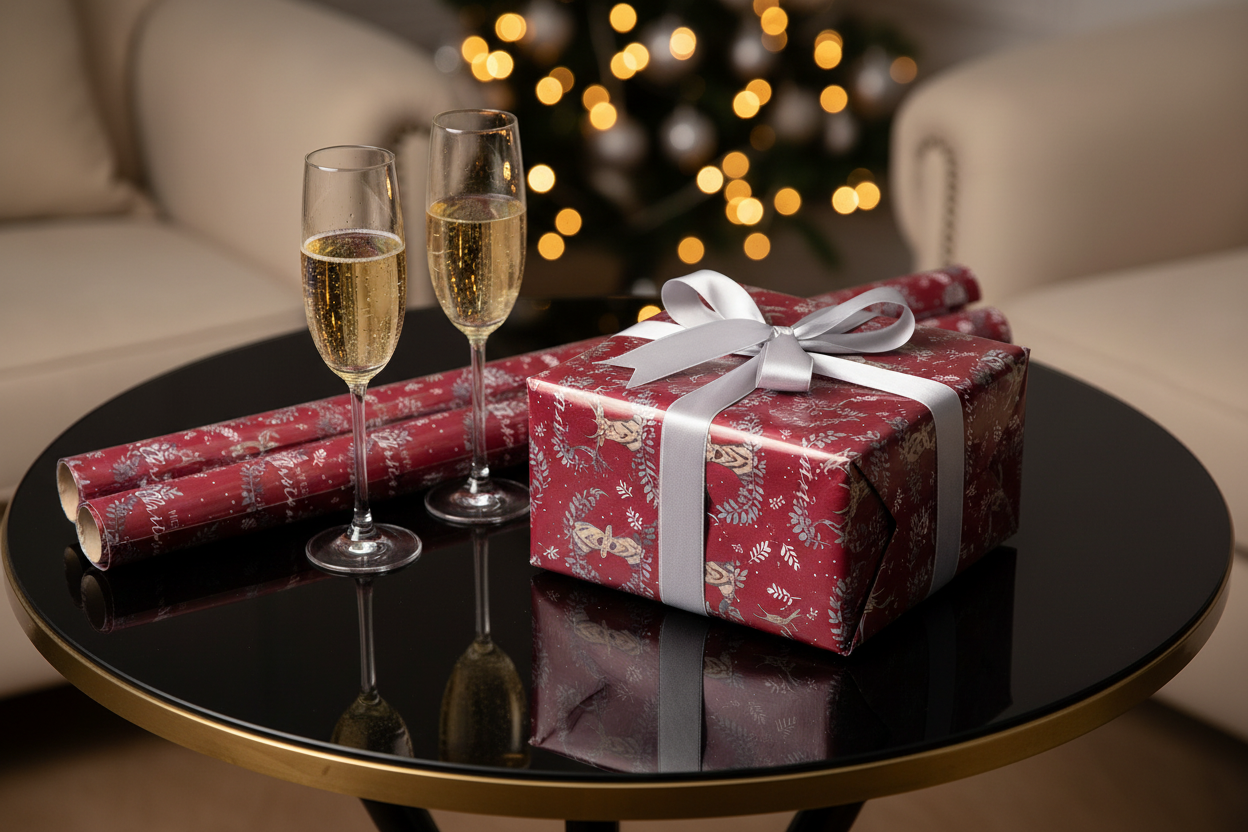 cadoul perfect impachetat cu hartie Tom Smith eleganta grena