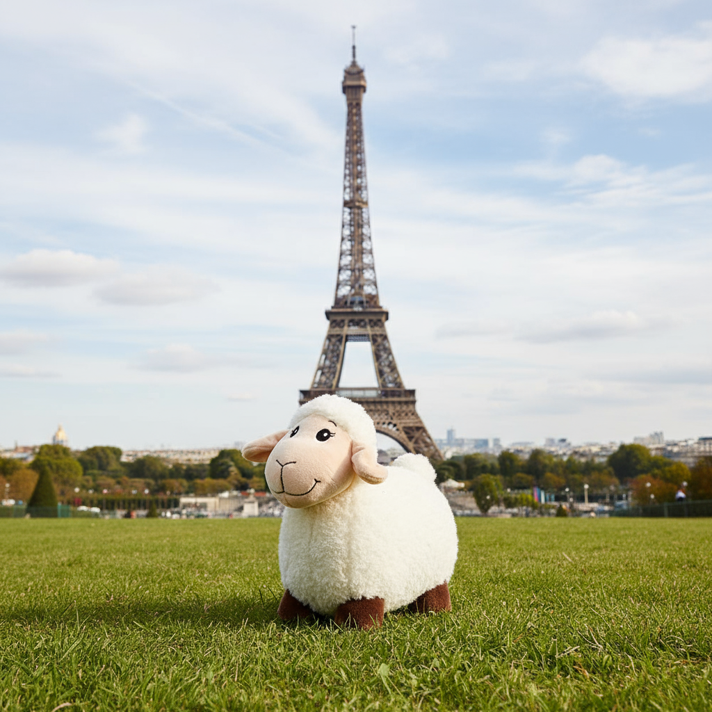 Oaie alba de plus Lelly, gata de plimbare la Paris