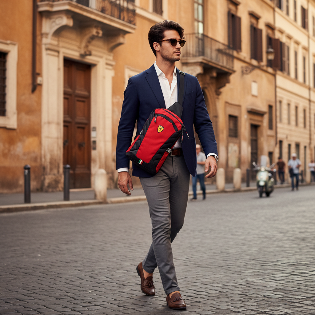 Rucsac crossbody Ferrari roșu, compact și elegant, purtat oriunde