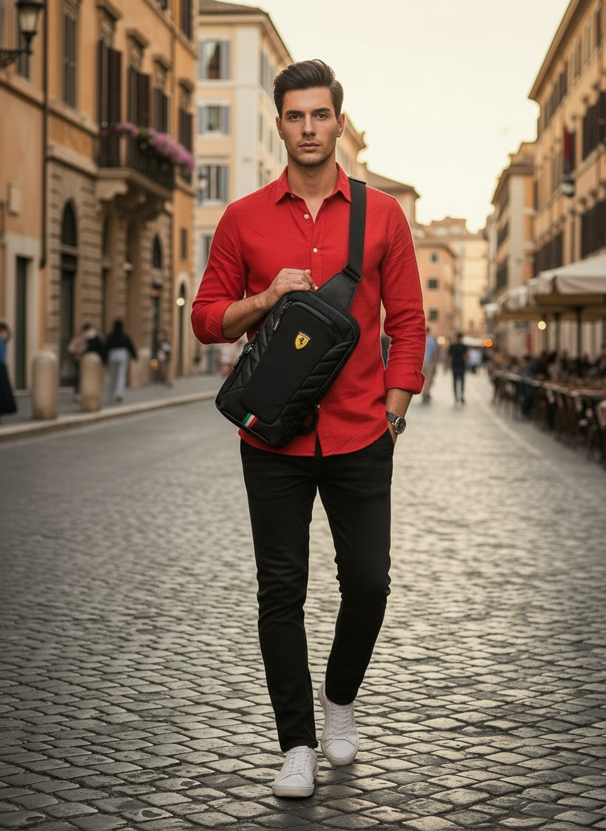 Rucsac crossbody Ferrari negru, compact, purtat de un bărbat Italian