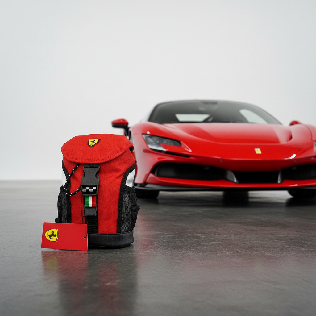 rucsac mic rosu marca Ferrari, produs original italian