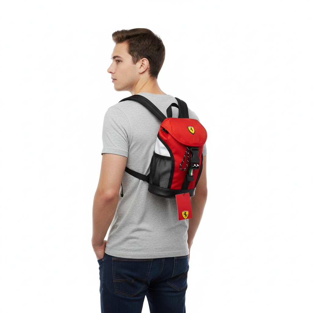 Mini Rucsac Ferrari rosu purtat de un tanar pasionat de mașini
