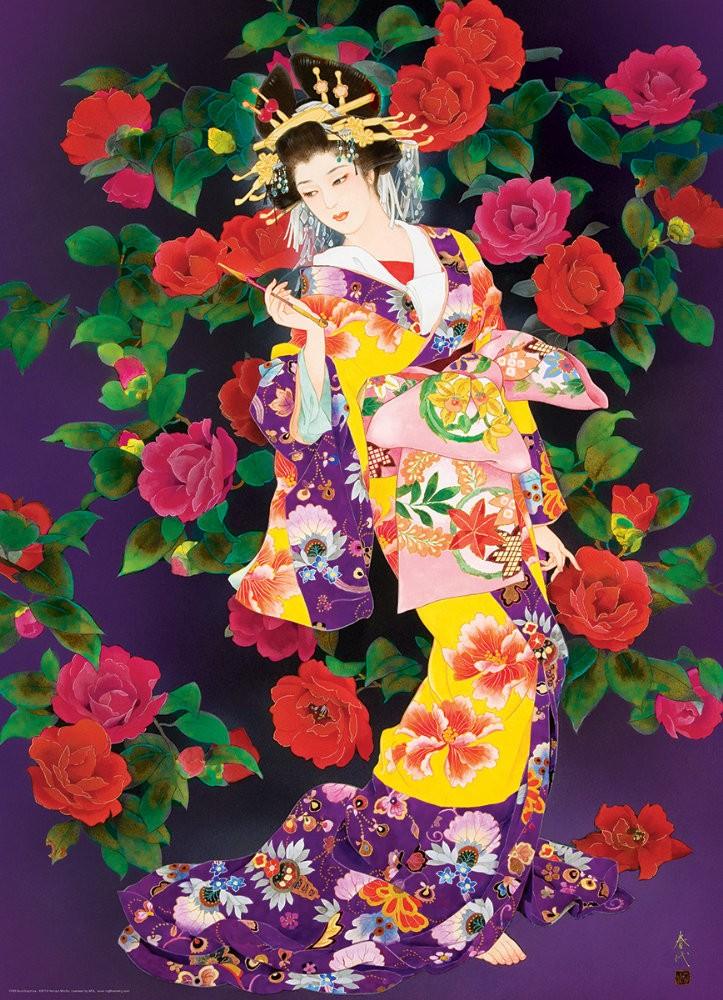 Puzzle 1000 piese Tsubaki Haruyo Morita - artă japoneză cu geisha și flori de camelie, dimensiuni 67x48 cm- Nitzi.ro