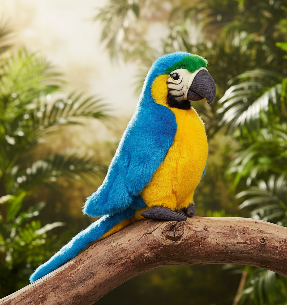 Jucărie de pluș Lelly realsita papagal Ara, 24 cm, bleu si galben.