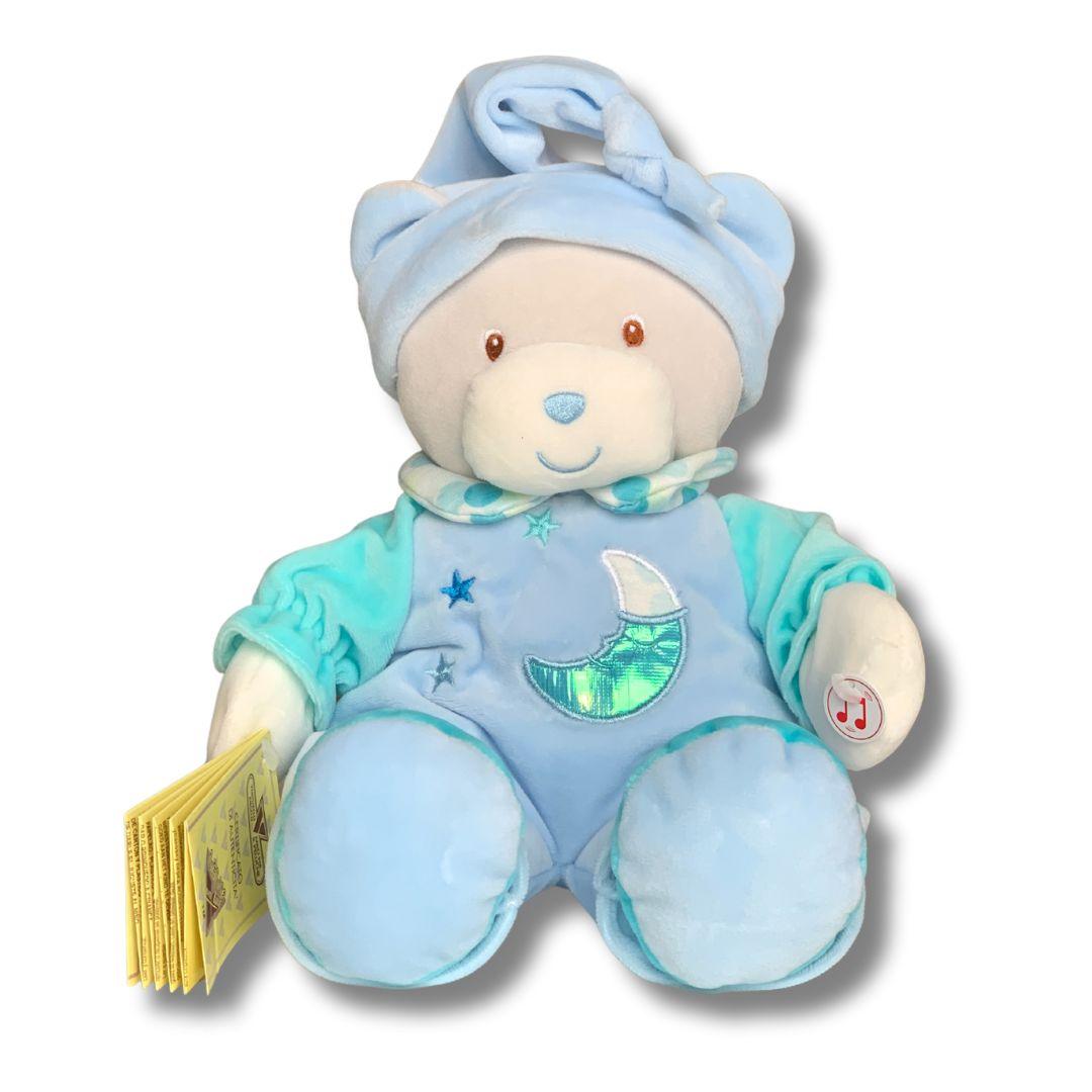 Ursuleț de pluș interactiv cu efecte luminoase și sunete liniștitoare pentru copii.