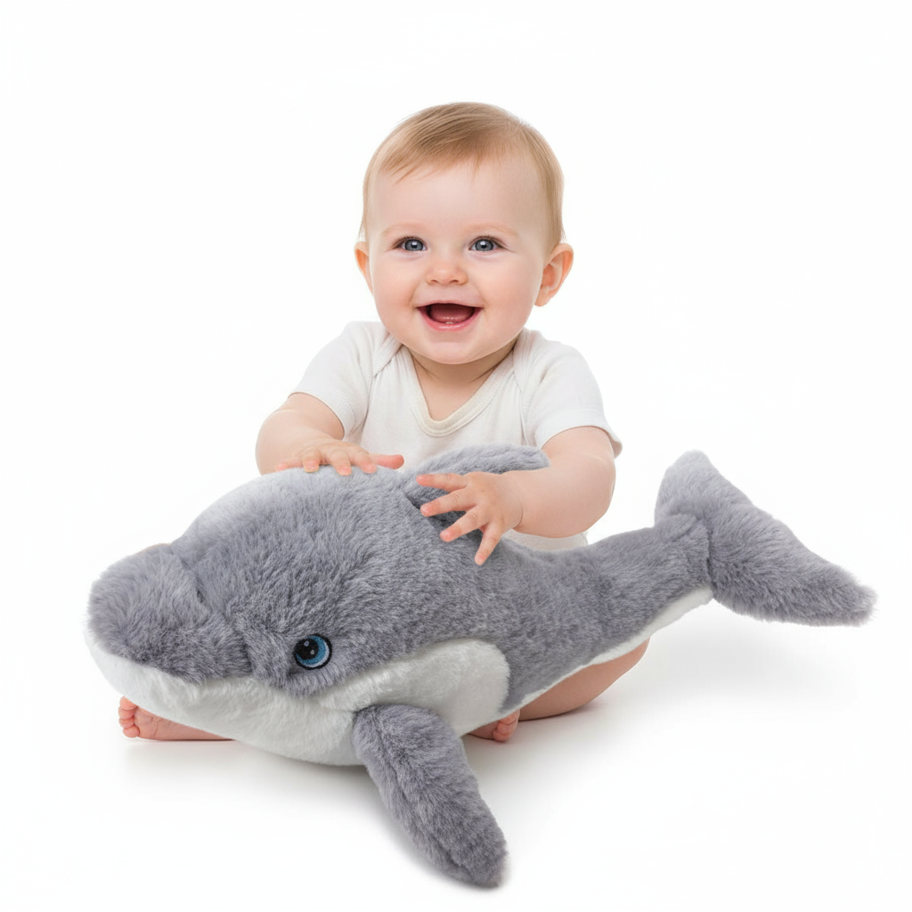 Delfinul de pluș Lelly 43 cm – jucărie moale și adorabilă, perfectă ca prieten de drum sau pernă confortabilă pentru copilul tău.