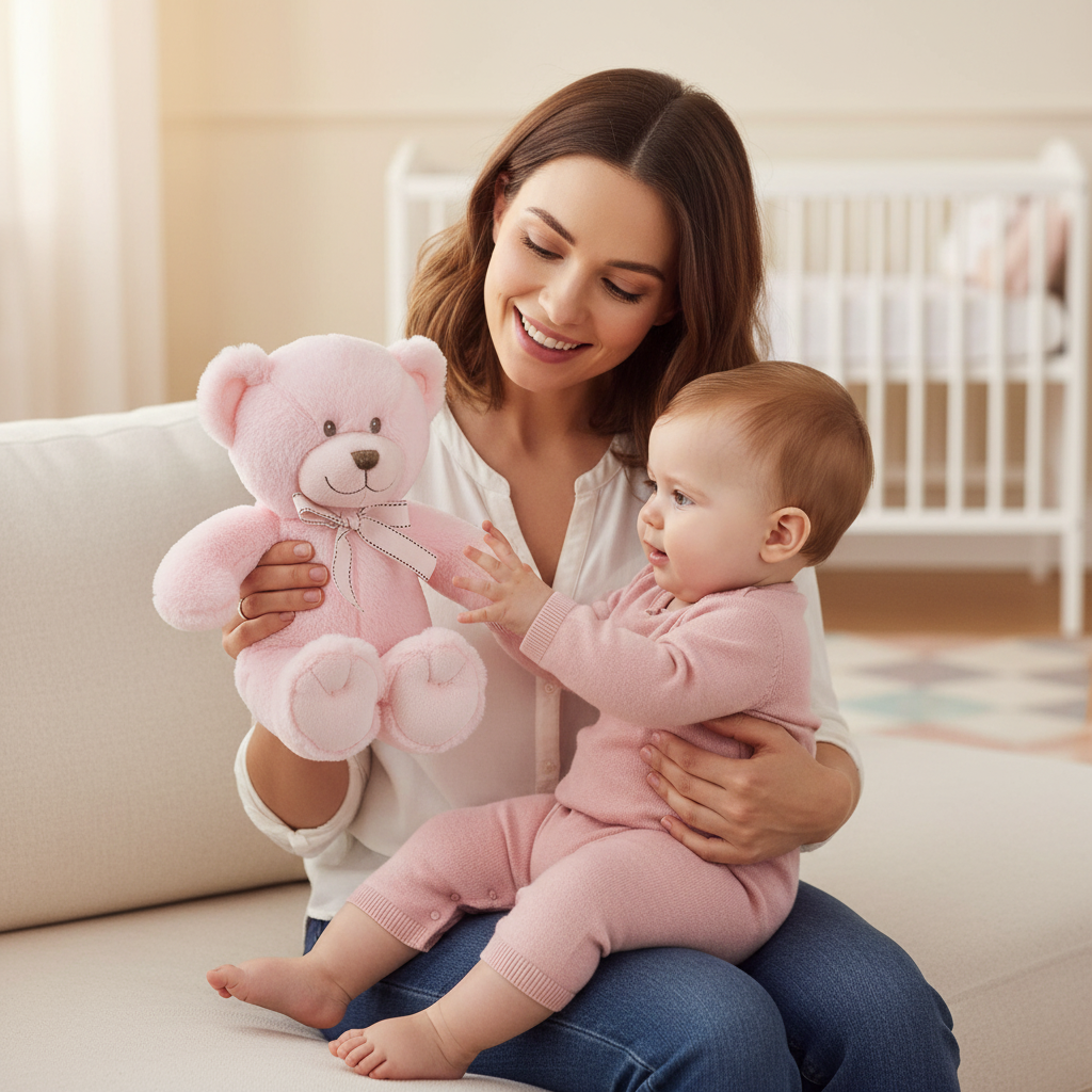 Mamica care ii arata fetitei sale bebelus, ursuletul Bobita, din plus roz. Are 34 cm este moale si placut la atingere