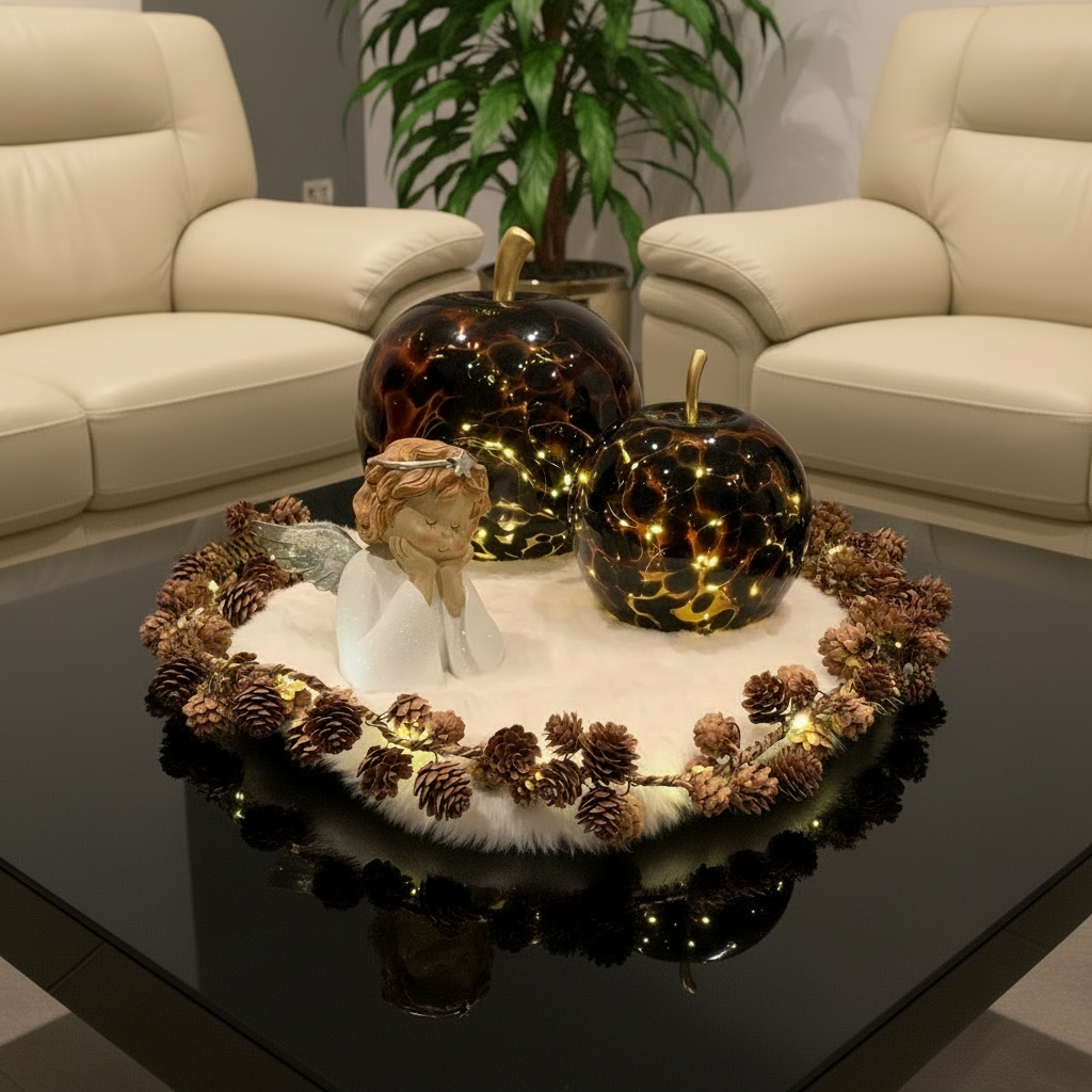 Măr decorativ cu 30 LED-uri, sticlă maro cu codiță aurie, 22x24 cm