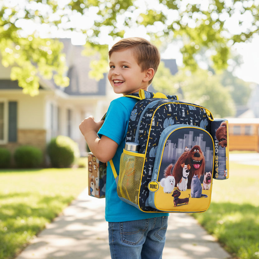 rucsac potrivit pentru scoala de 38 cm inaltime cu The secret life of pets. Are bonus un penar asortat