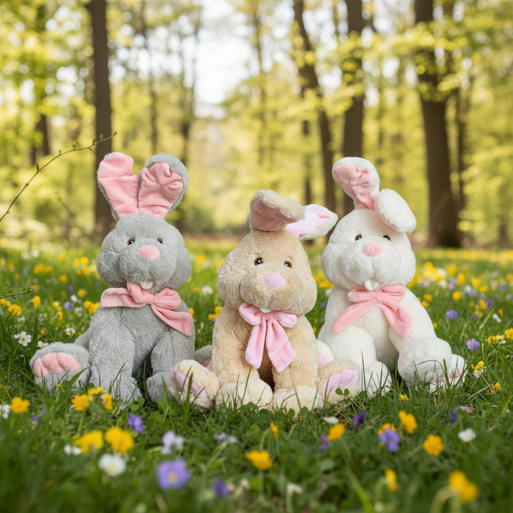 Jucărie iepure de pluș gri 30 cm, moale și drăgălașă, în decor de primăvară