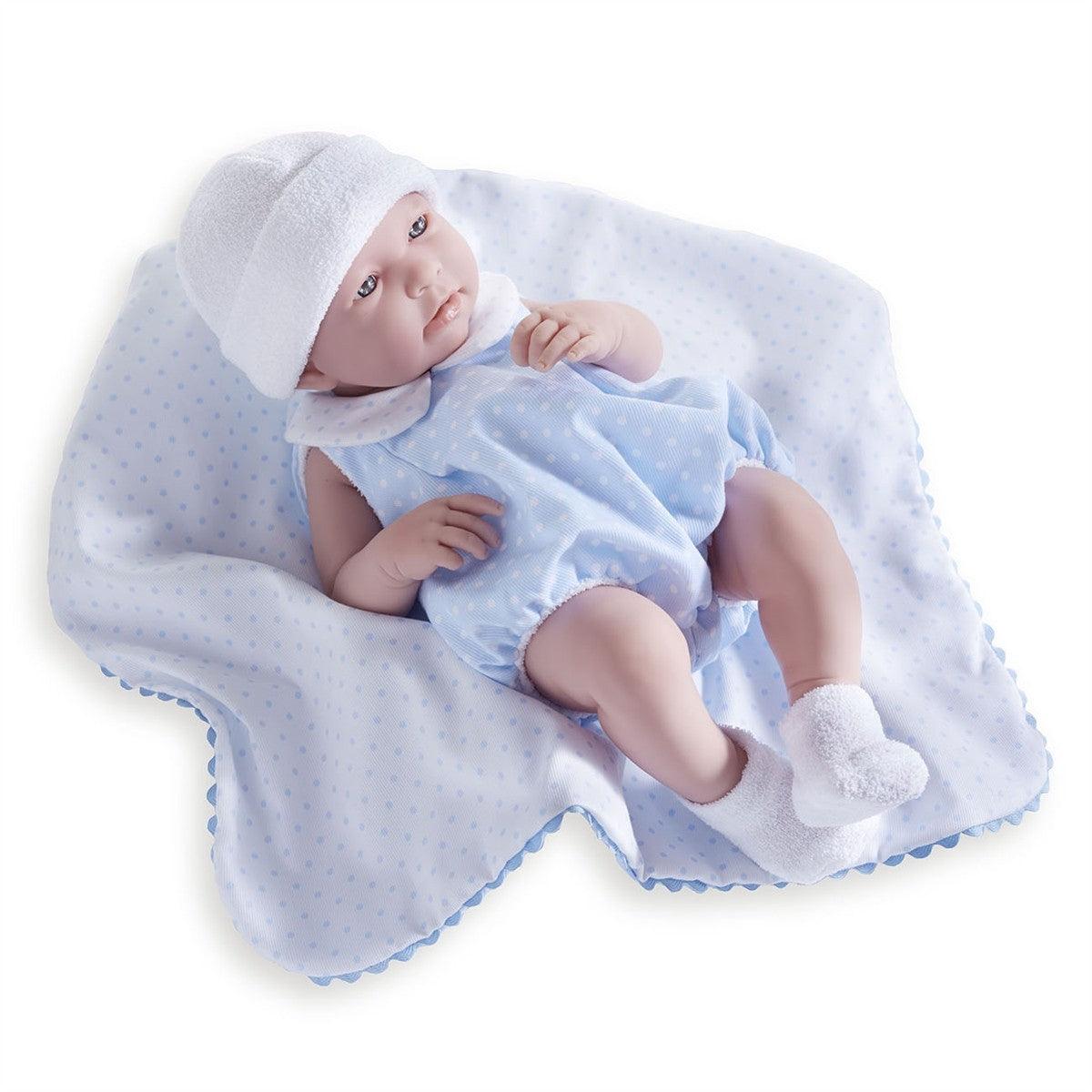 Papusa Bebe baiat 43 cm costum vara bleu si paturica - Nitzi.ro