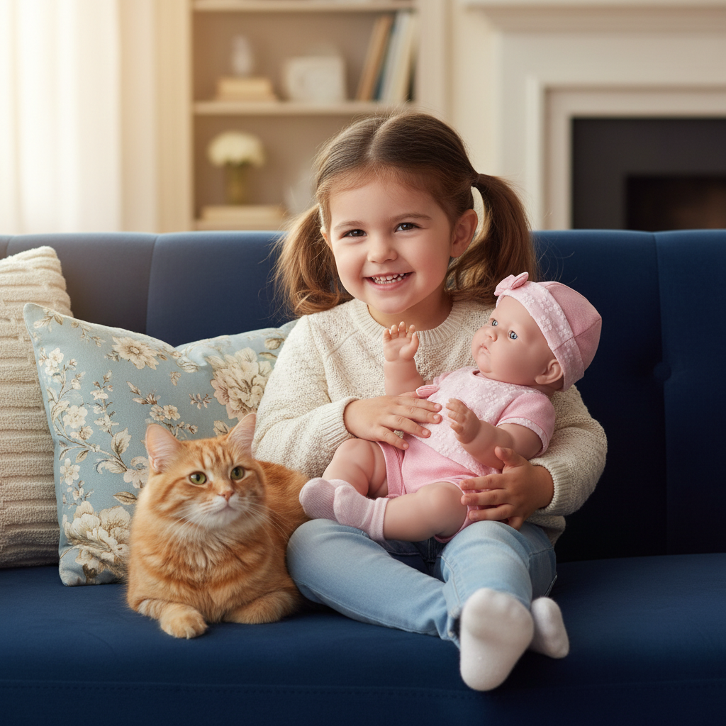 Păpușa în brațele unei fetițe pe canapea cu pisică- pentru ca vine Mosul