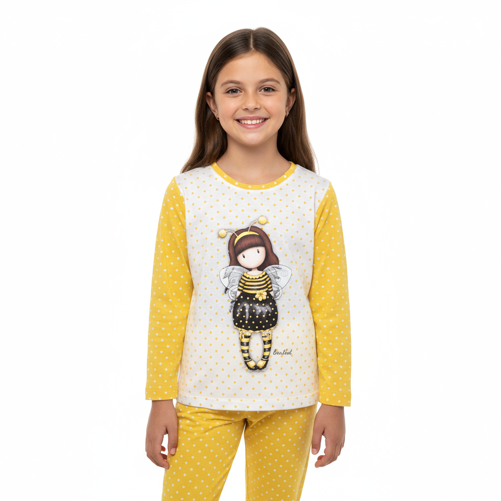 pijamale fete Gorjuss Bee Loved cu imprimeu vesel și cutie metalică cadou