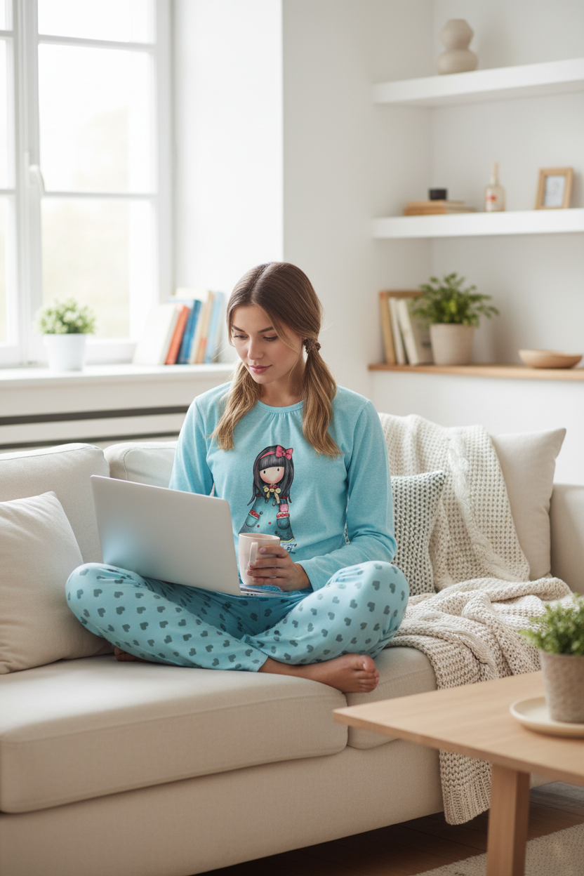Pijamaua Gorjuss include o bluză cu mânecă lungă, bordată cu dantelă asortată cromatic, și pantaloni comozi cu elastic, decorați cu o bentiță delicată.