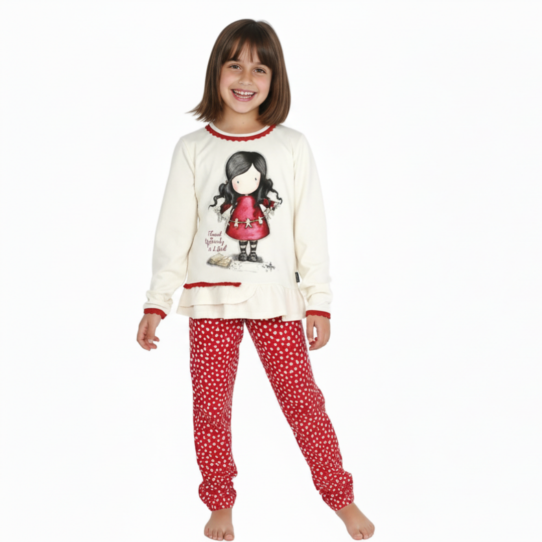 Pijama bumbac fete 12 ani cu design Santoro Gorjuss, alb si rosu perfect pentru casă