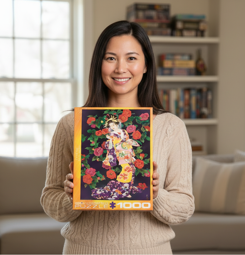Puzzle premium 1000 piese Tsubaki Haruyo Morita - cadou artă japoneză, ilustrație geisha cu flori