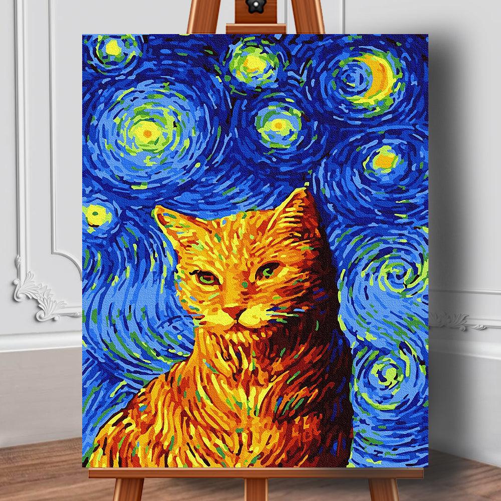 Pictura pe panza cu numere Noapte instelata - Pisica Van Gogh 50x40 cm - Nitzi.ro