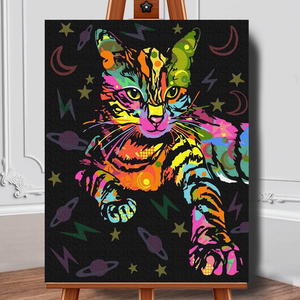 Pictura pe panza cu numere Pisica Neon 50x40 cm - Nitzi.ro